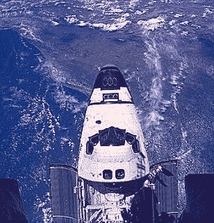 A docked shuttle as viewed from Mir